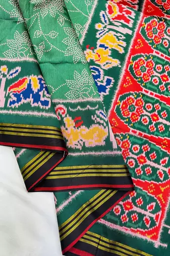 Green Color Printed zari lining stripe border Work art silk saree