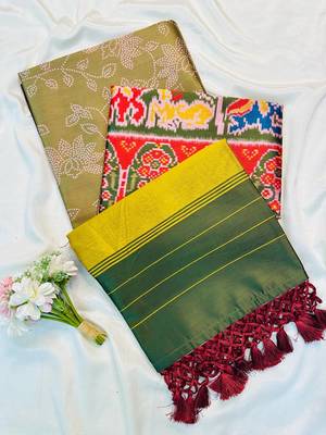 Olive Color Printed zari lining stripe border Work art silk saree 1