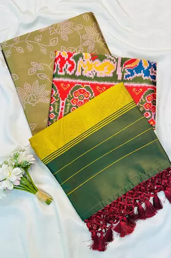 Olive Color Printed zari lining stripe border Work silk Saree