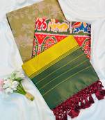 Olive Color Printed zari lining stripe border Work silk Saree