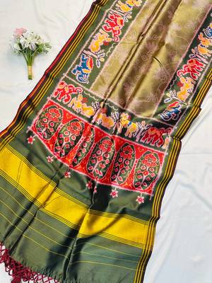 Olive Color Printed zari lining stripe border Work art silk saree 2