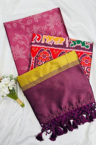 Wine Color Printed zari lining stripe border Work silk Saree