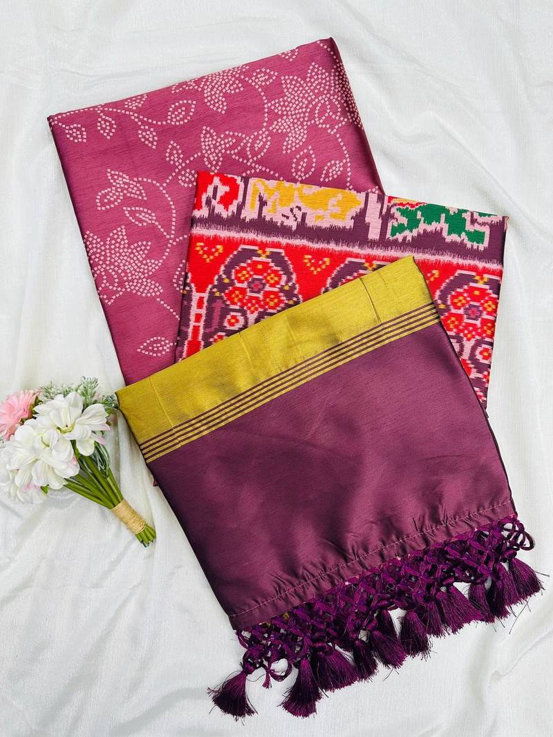 Wine Color Printed zari lining stripe border Work silk Saree