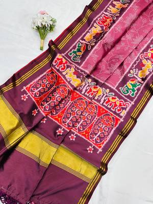 Wine Color Printed zari lining stripe border Work art silk saree 2