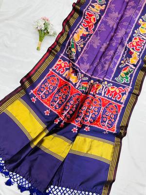 Purple Color Printed zari lining stripe border Work art silk saree 1