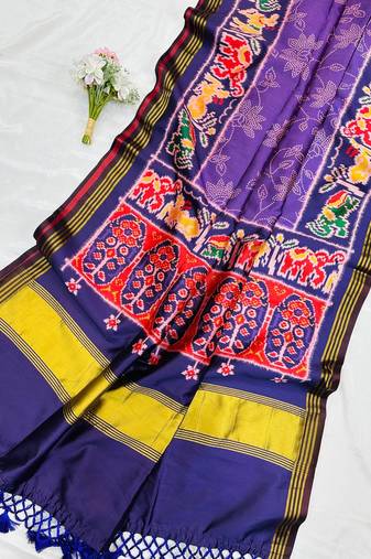 Purple Color Printed zari lining stripe border Work silk Saree