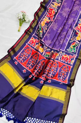 Purple Color Printed zari lining stripe border Work silk Saree