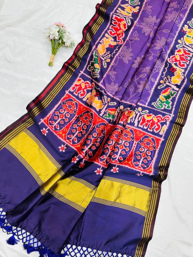 Purple Color Printed zari lining stripe border Work silk Saree