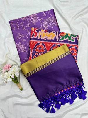 Purple Color Printed zari lining stripe border Work art silk saree 4