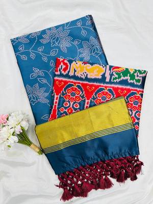 Teal Color Printed zari lining stripe border Work art silk saree 1