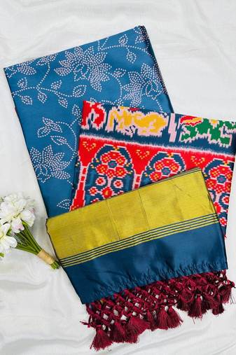 Teal Color Printed zari lining stripe border Work silk Saree