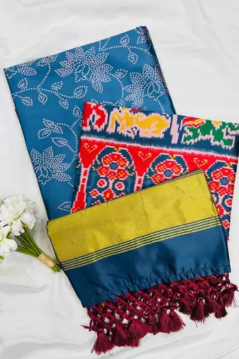 Teal Color Printed zari lining stripe border Work silk Saree