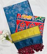 Teal Color Printed zari lining stripe border Work silk Saree