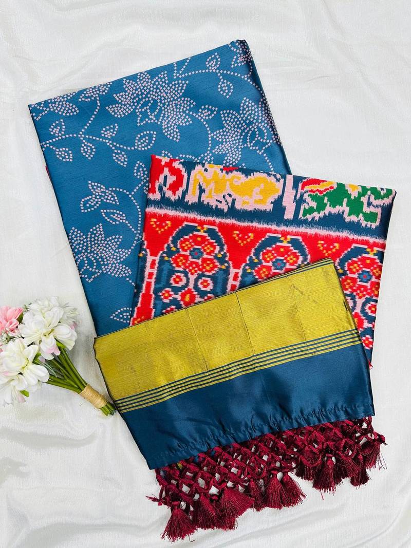 Teal Color Printed zari lining stripe border Work silk Saree