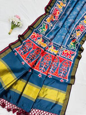 Teal Color Printed zari lining stripe border Work art silk saree 2