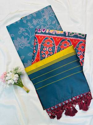 Teal Color Printed zari lining stripe border Work art silk saree 4