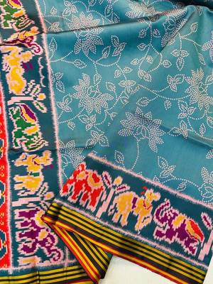 Teal Color Printed zari lining stripe border Work art silk saree 5