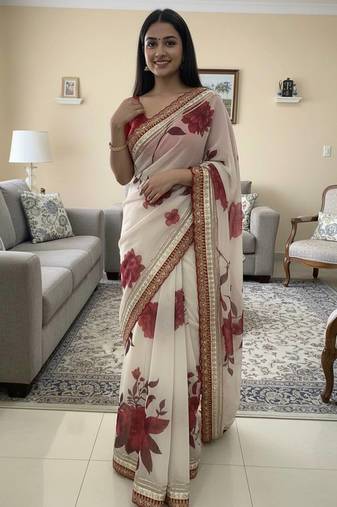 White Color Sequance And Cording Embroidery Work Georgette Saree
