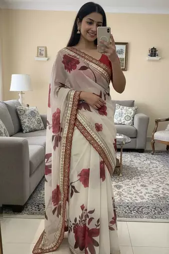 White Color Sequance And Cording Embroidery Work Georgette Saree
