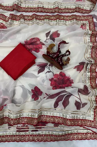 White Color Sequance And Cording Embroidery Work Georgette Saree