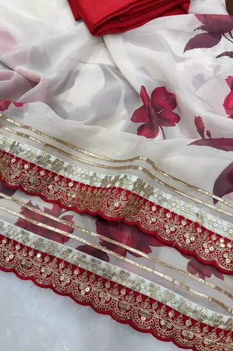 White Color Sequance And Cording Embroidery Work Georgette Saree