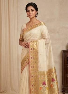 White Color  golden zari weaving and floral Jamdani motifs art silk saree 1