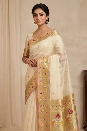 White Color  golden zari weaving and floral Jamdani motifs silk Saree