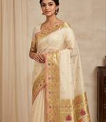 White Color  golden zari weaving and floral Jamdani motifs art silk saree
