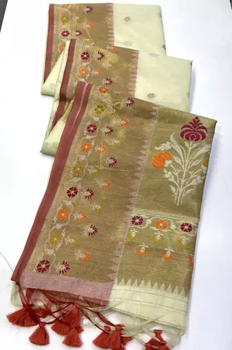 White Color  golden zari weaving and floral Jamdani motifs art silk saree