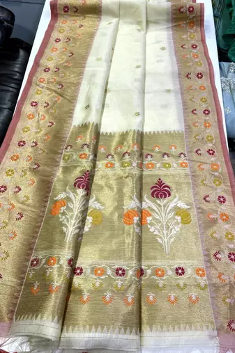 White Color  golden zari weaving and floral Jamdani motifs art silk saree