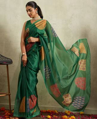 Green digital print silk ethnic ready to wear saree with blouse 1