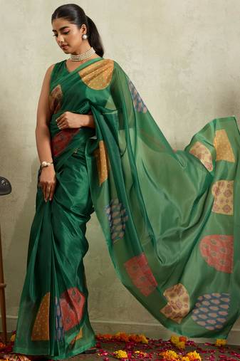 Green digital print silk ethnic ready to wear saree with blouse