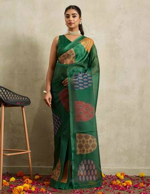 Green digital print silk ethnic ready to wear saree with blouse 2
