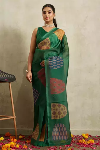 Green digital print silk ethnic ready to wear saree with blouse