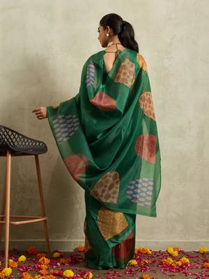 Green digital print silk ethnic ready to wear saree with blouse 3