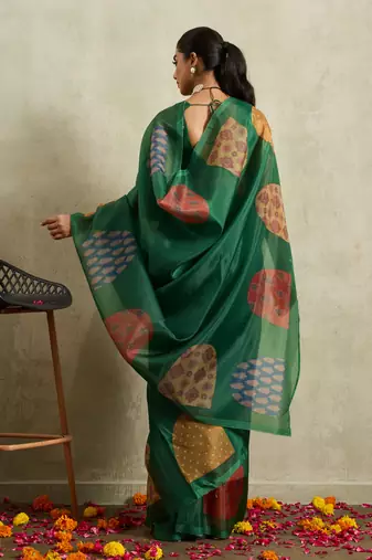 Green digital print silk ethnic ready to wear saree with blouse