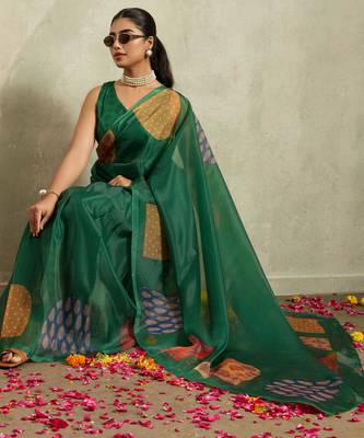 Green digital print silk ethnic ready to wear saree with blouse 5
