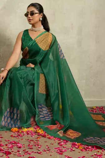 Green digital print silk ethnic ready to wear saree with blouse