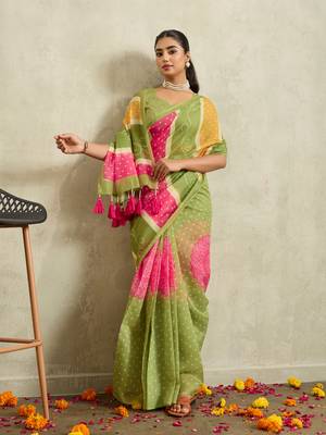 Green lehriya chanderi silk ethnic ready to wear saree with blouse 1