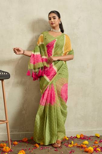 Green lehriya chanderi silk ethnic ready to wear saree with blouse