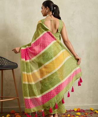 Green lehriya chanderi silk ethnic ready to wear saree with blouse 2