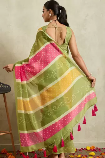 Green lehriya chanderi silk ethnic ready to wear saree with blouse