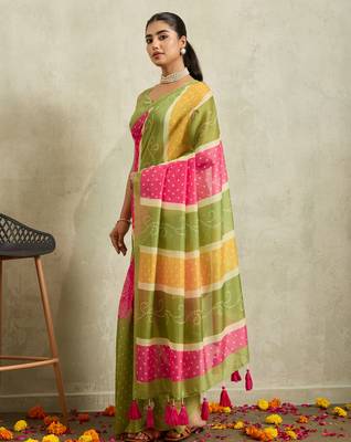 Green lehriya chanderi silk ethnic ready to wear saree with blouse 3