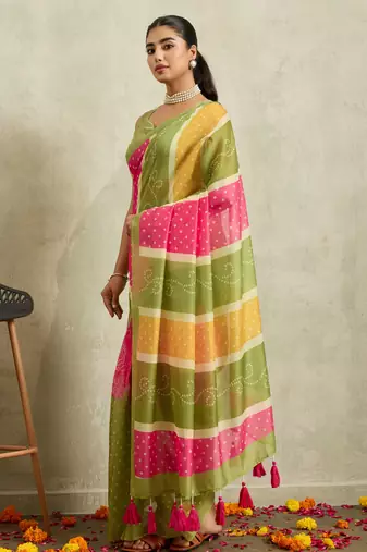 Green lehriya chanderi silk ethnic ready to wear saree with blouse