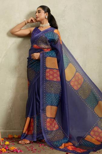 Navy geometric print chiffon ethnic causal wear saree with blouse