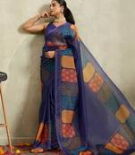 Navy geometric print chiffon ethnic causal wear saree with blouse