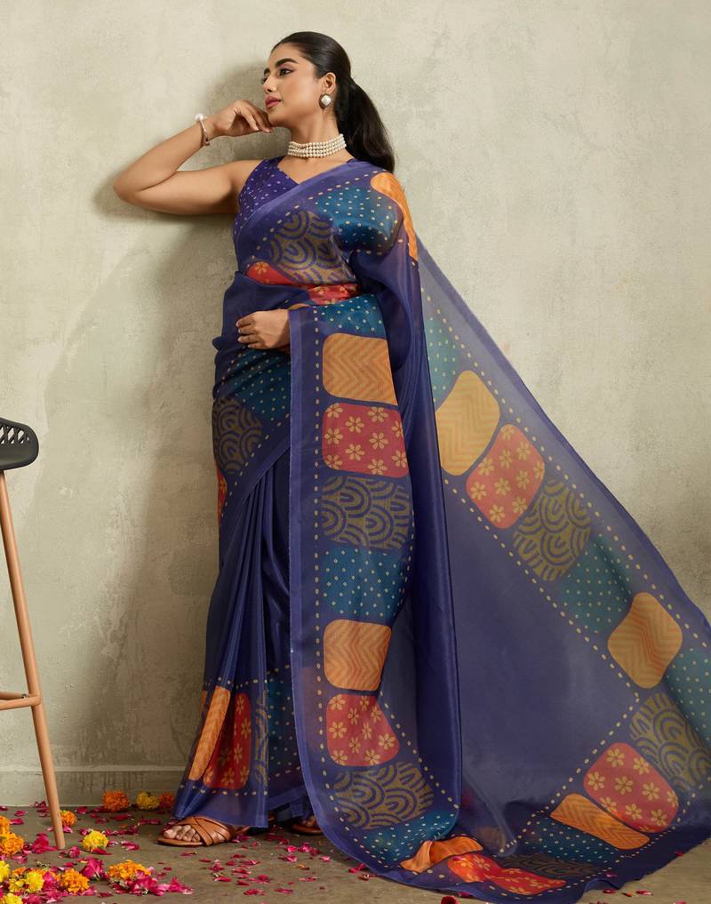 Navy geometric print chiffon ethnic causal wear saree with blouse