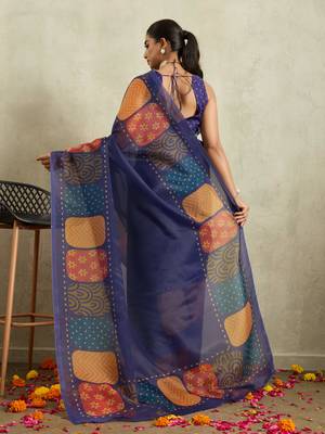Navy geometric print chiffon ethnic causal wear saree with blouse 2