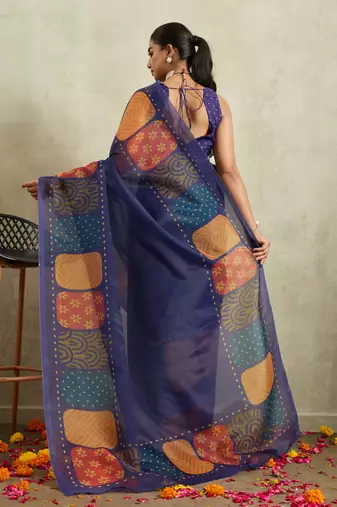 Navy geometric print chiffon ethnic causal wear saree with blouse