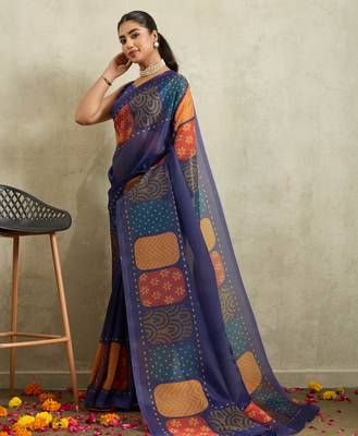 Navy geometric print chiffon ethnic causal wear saree with blouse 3